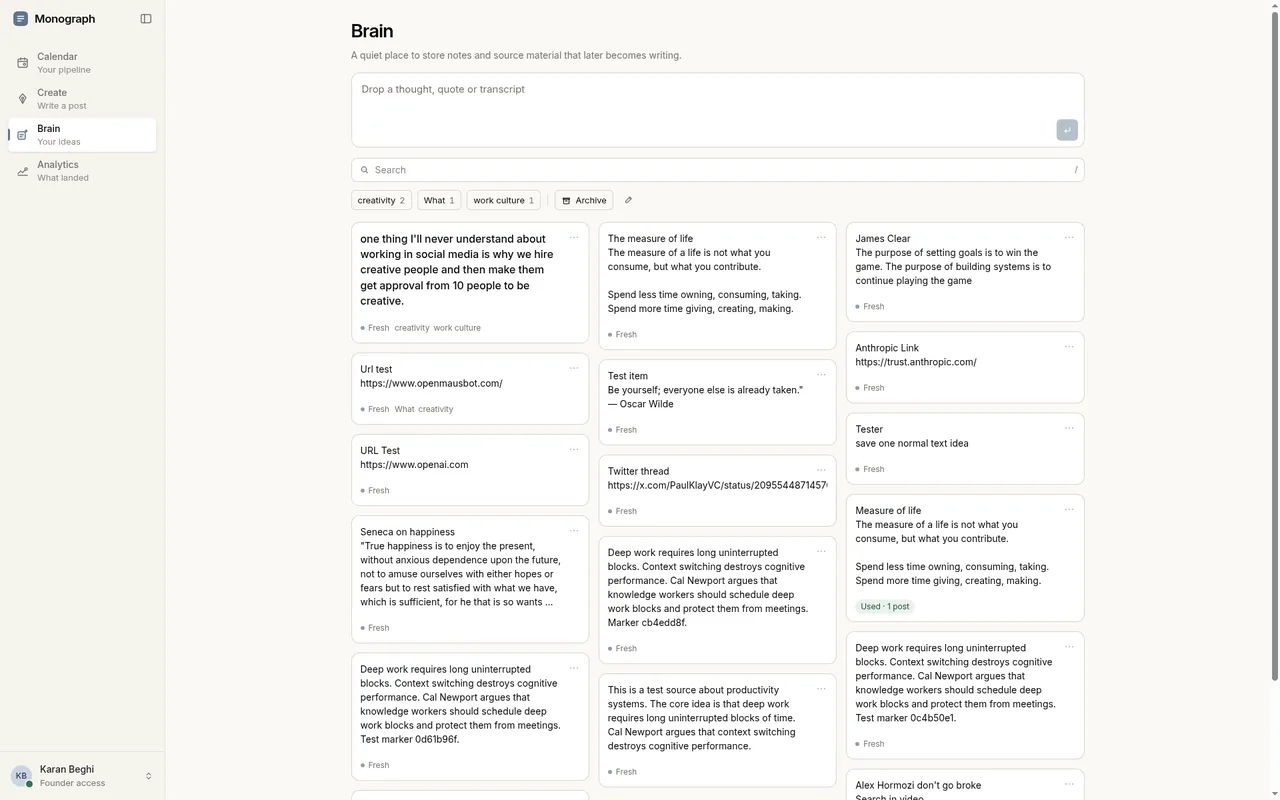 Monograph Brain with saved notes, quotes and links in one list