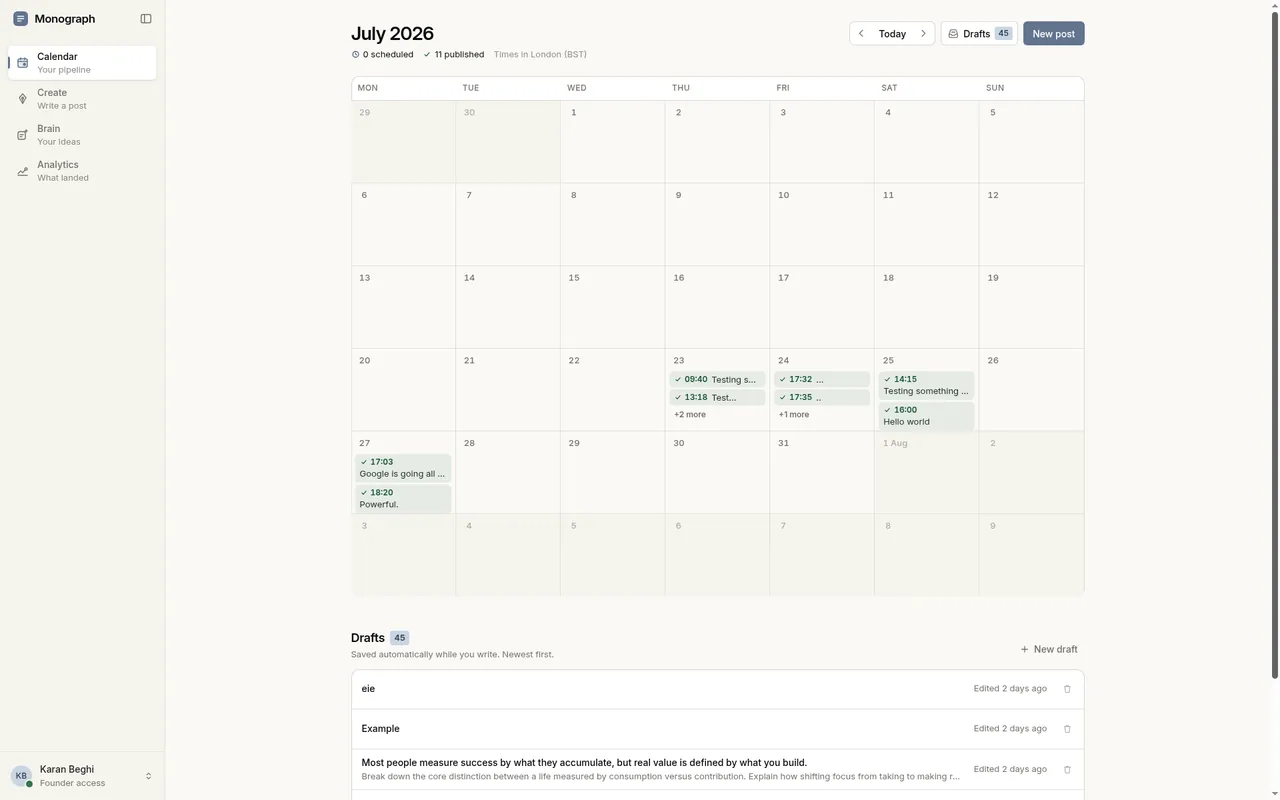 Monograph calendar for July 2026, with published posts on the month and drafts listed below