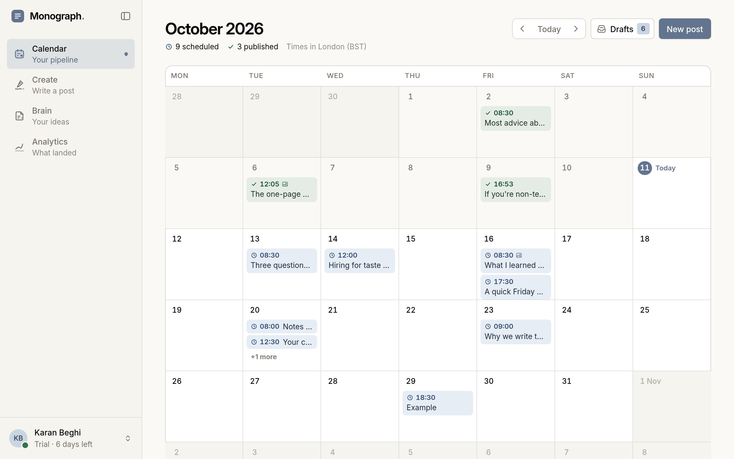 Monograph's calendar month view with scheduled and published posts