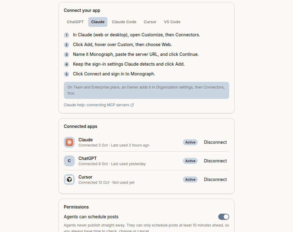 The Connect AI agents section in Monograph settings, with Claude’s steps and connected apps